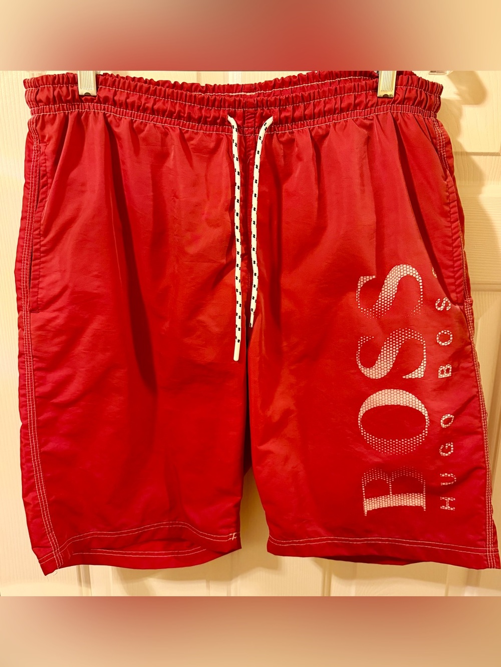 BOSS Hugo Boss Swim Trunks Shorts Mens L Large Red Mesh Lined Elastic Waist Logo